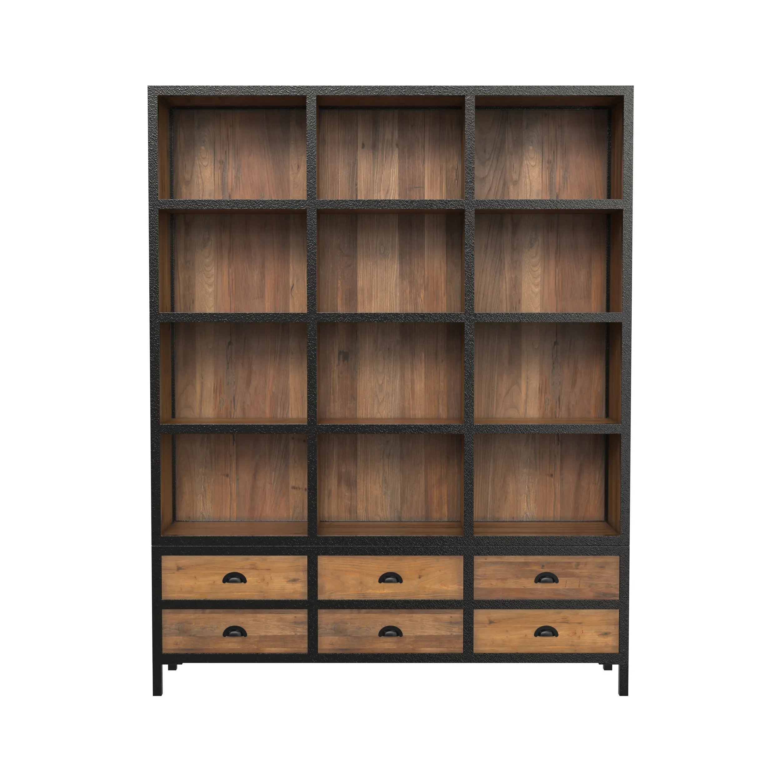 Bibliothèque 6 tiroirs 12 niches en métal et bois de cèdre