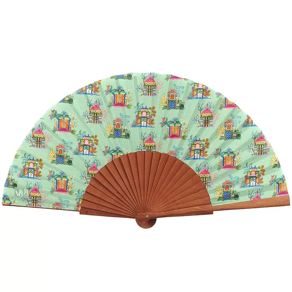 Eventail bois de merisier motif temples tamouls lagon