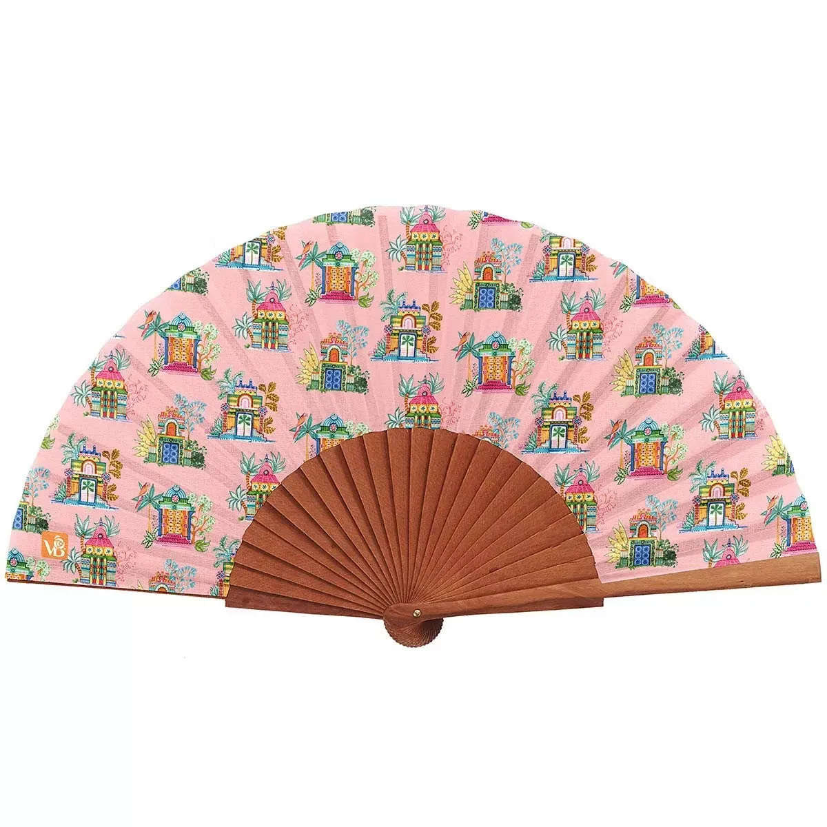Eventail bois de merisier motif temples tamouls rose