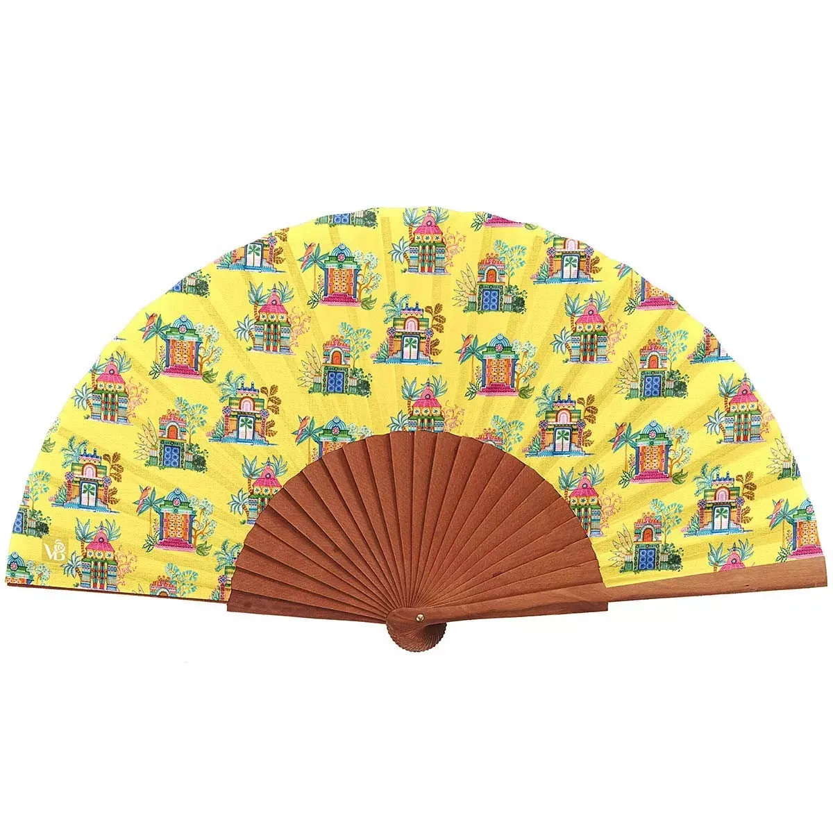 Eventail bois de merisier motif temples tamouls jaune