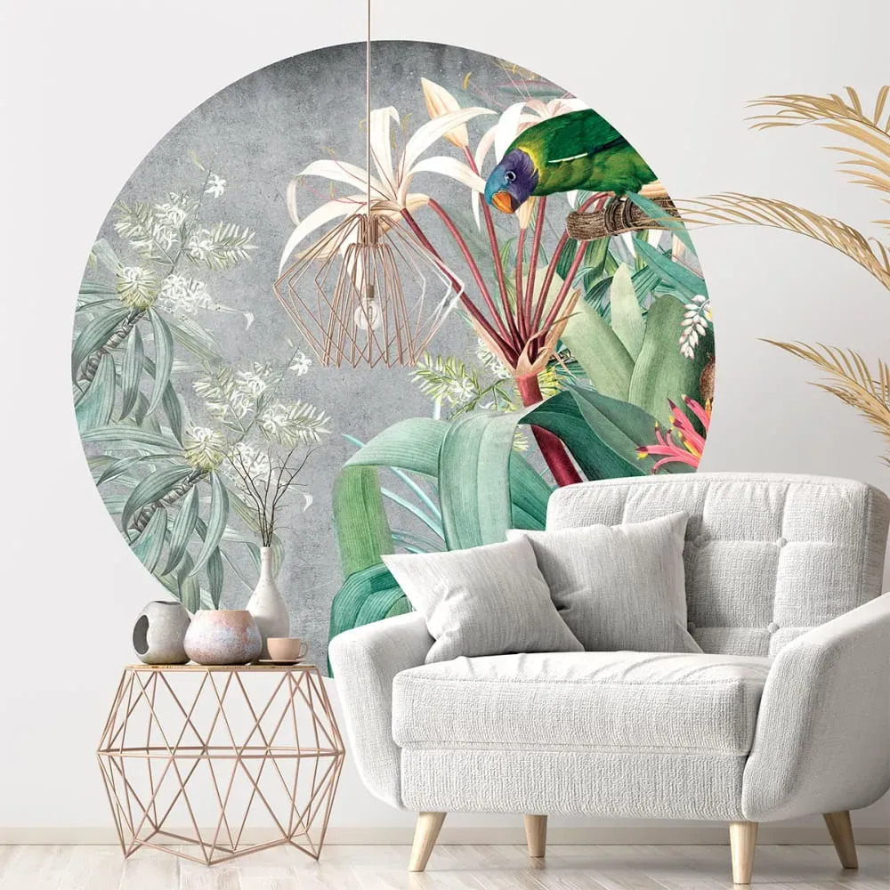 Papier Peint fresque florale vintage et perroquet 90x90cm