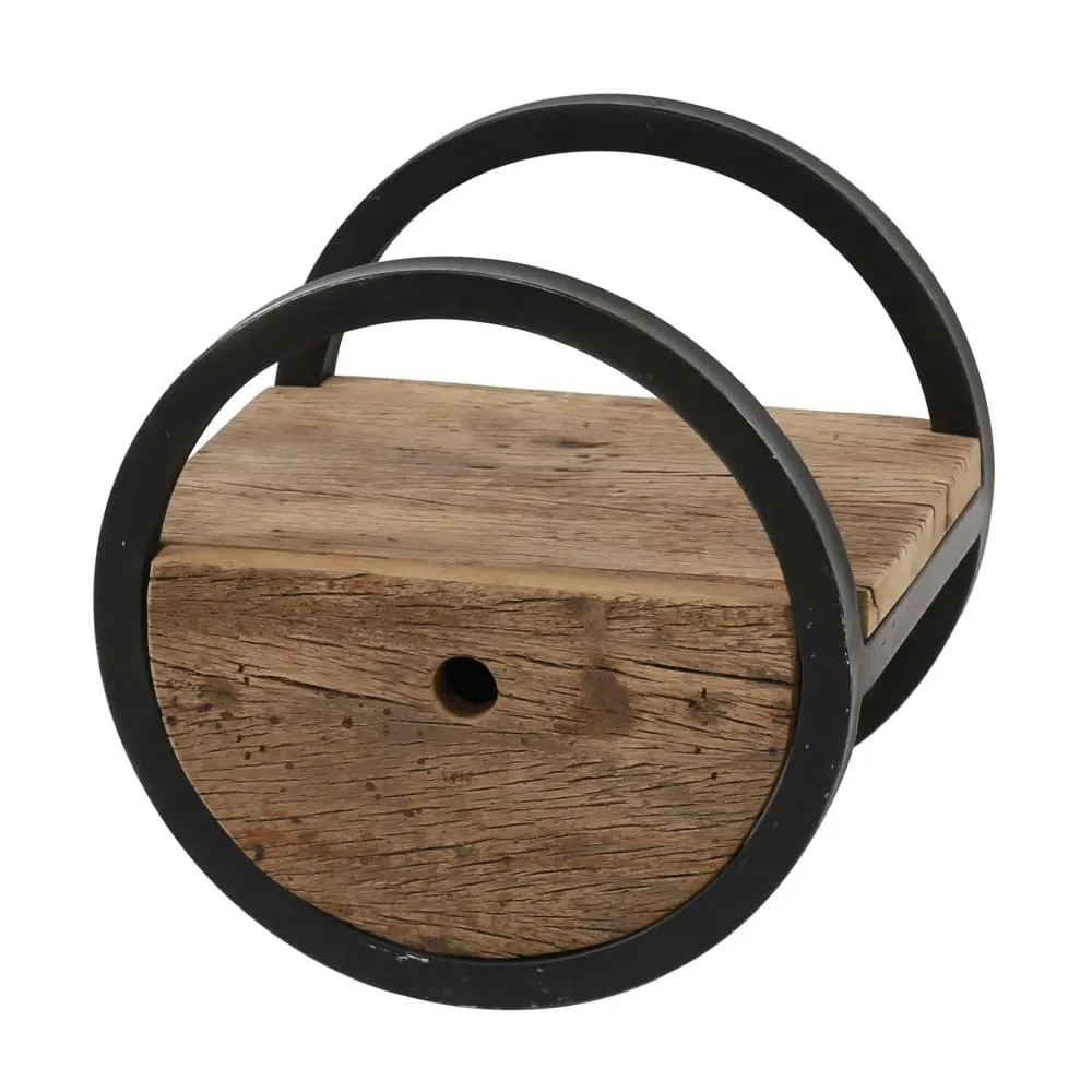 Etagère murale ronde bois recyclé brut et métal noir vieilli d30cm