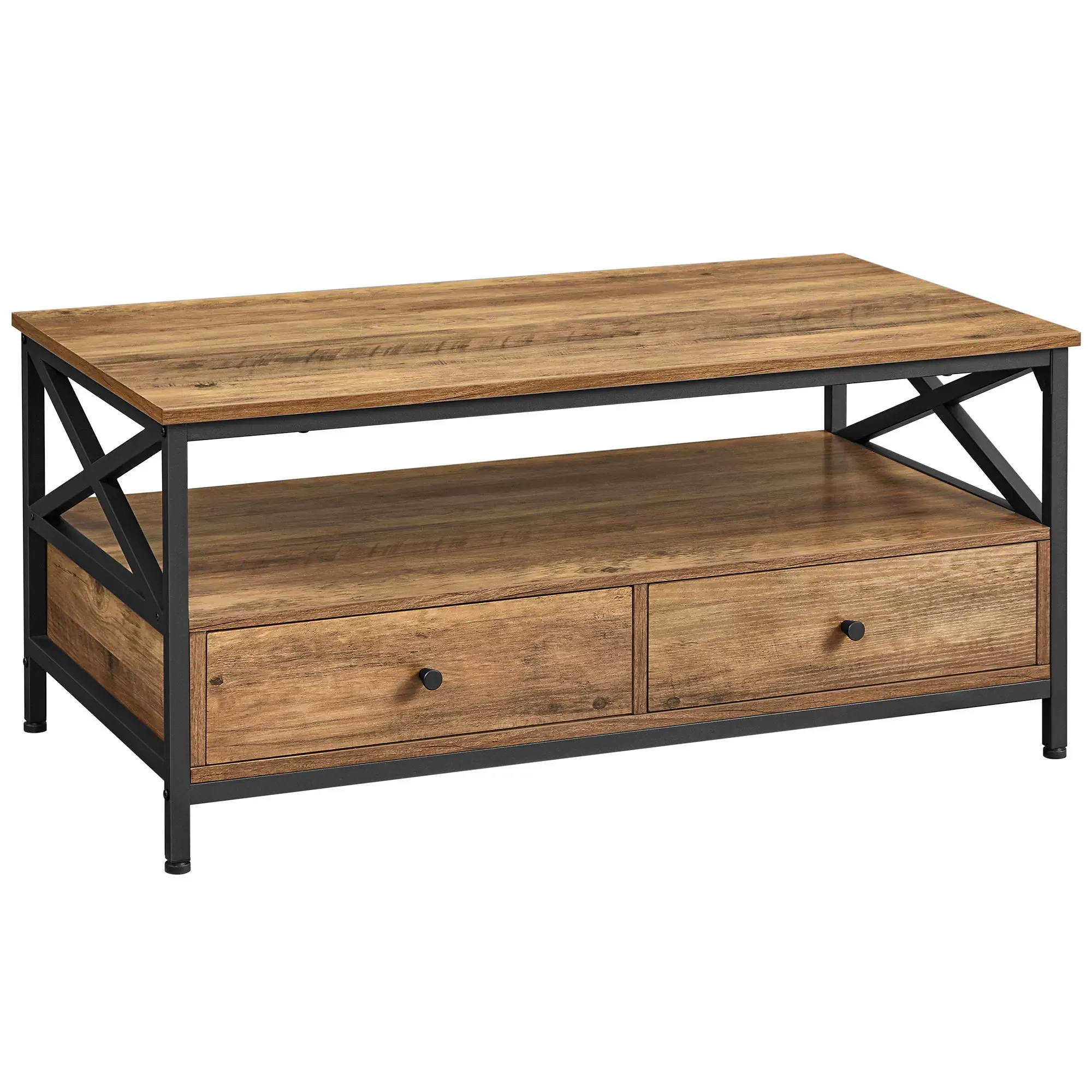 Table basse 2 tiroirs 1 compartiment effet bois marron rustique