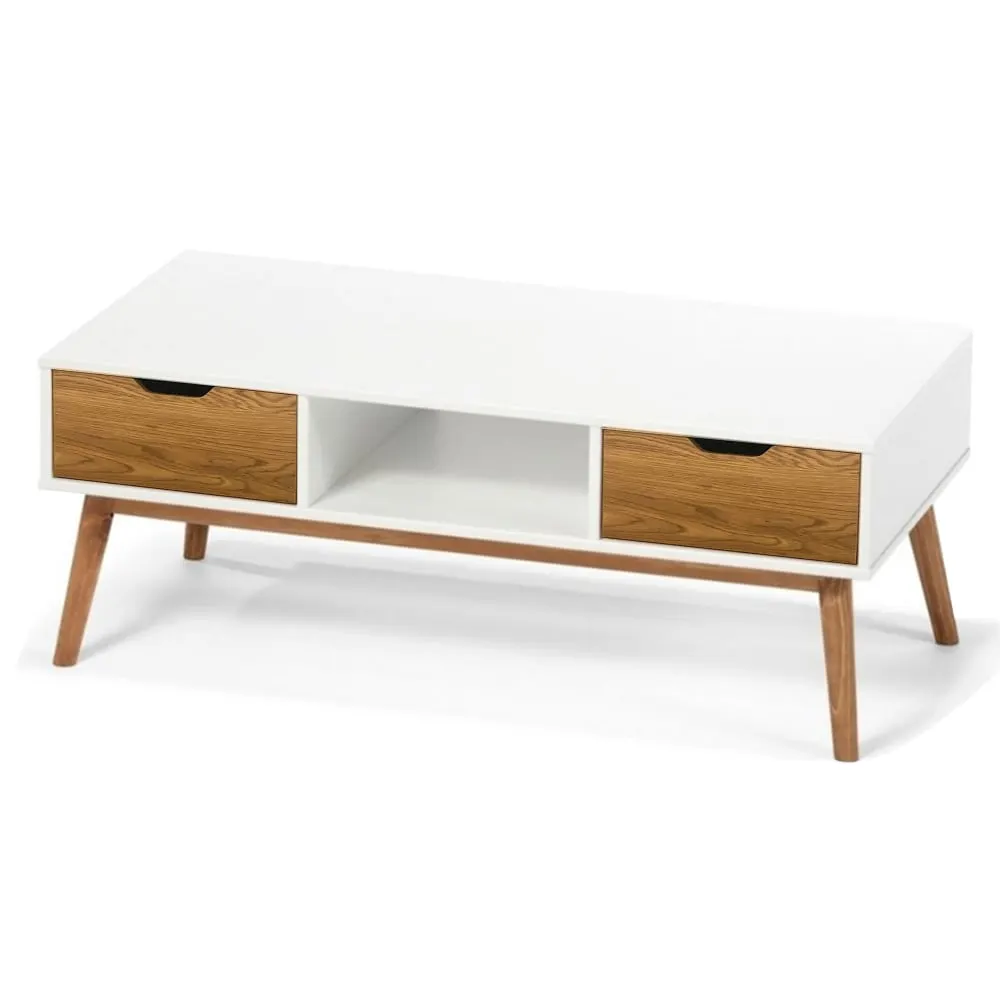 Table basse rectangulaire 1 casier et 2 tiroirs blanc et bois 110x55x4