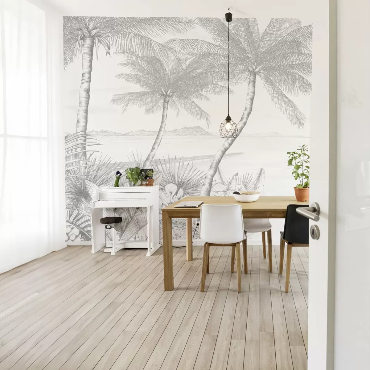 Papier peint panoramique echappée tropicale gris 300x250cm