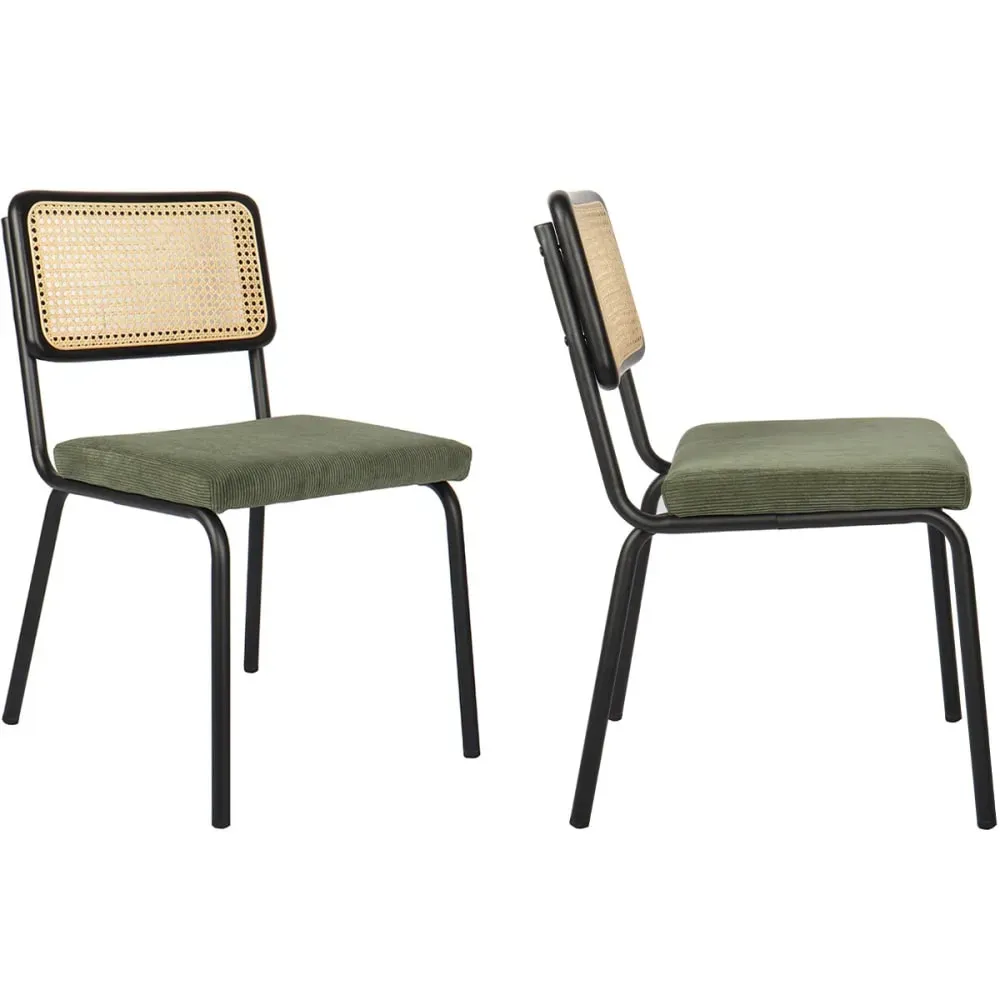 Lot de 2 chaises noires, cannage et velours côtelé vert