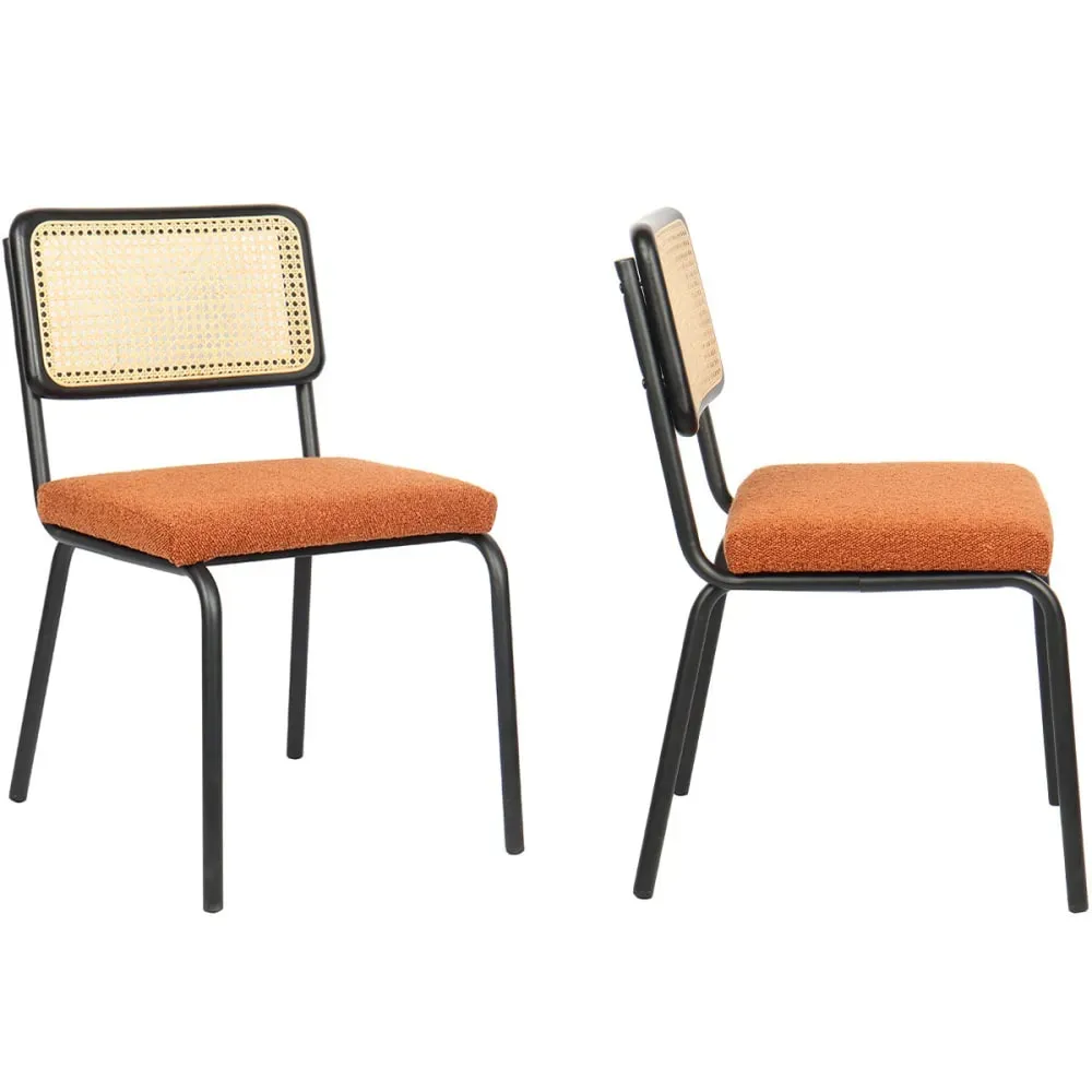 Lot de 2 chaises noires, cannage et tissu bouclé rouille