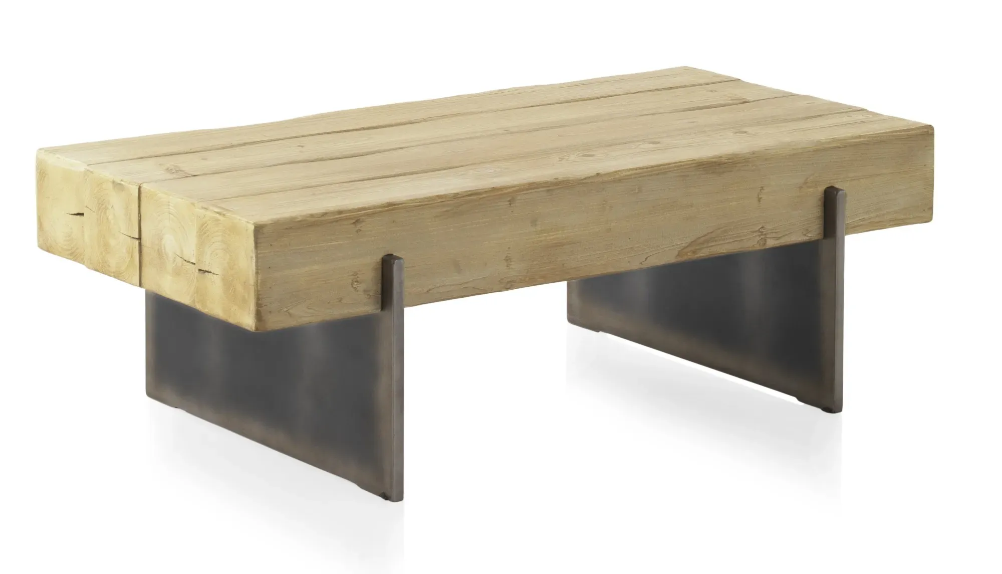 Table basse plaquée en sapin avec pieds laqués en couleur métallique