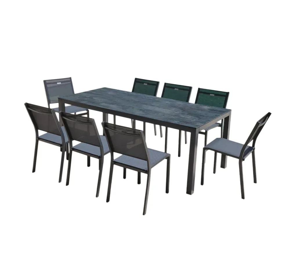 Ensemble table et 8 chaises de jardin en aluminium chêne doré
