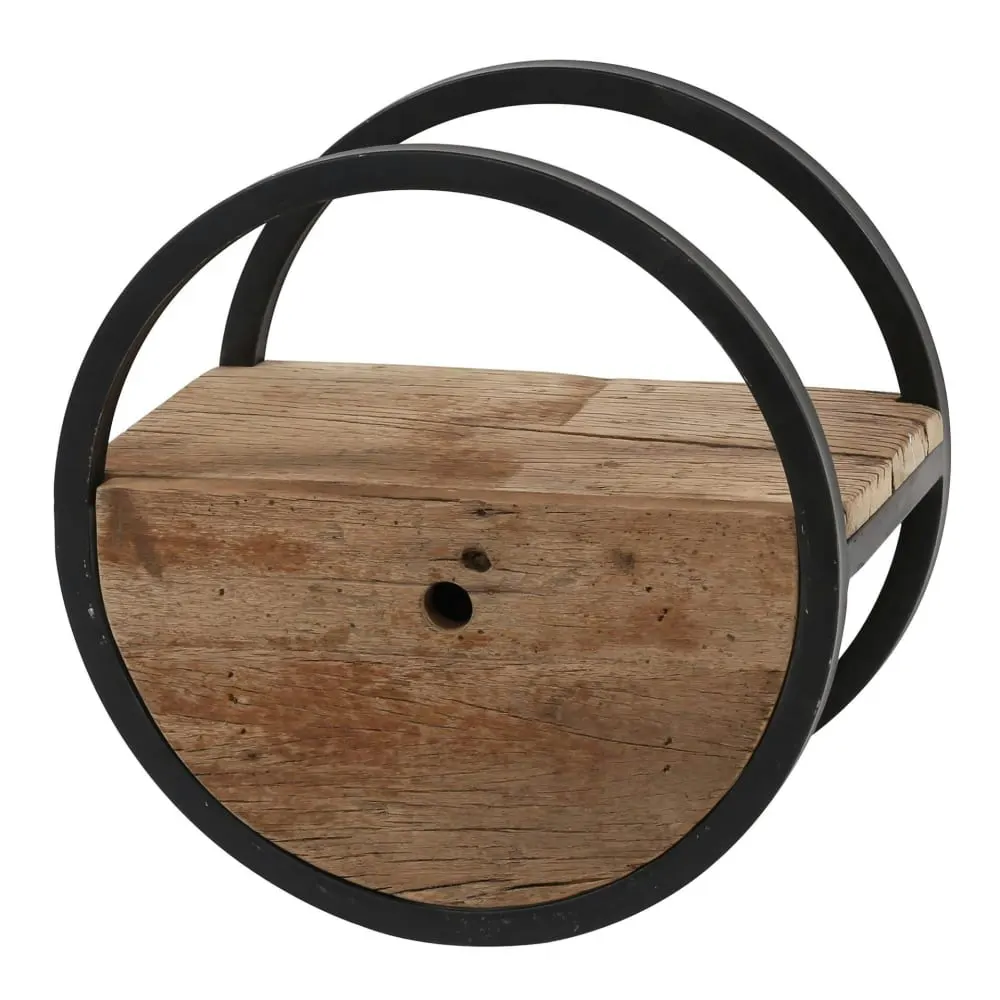 Etagère murale ronde d40cm bois recyclé brut et métal noir vieilli