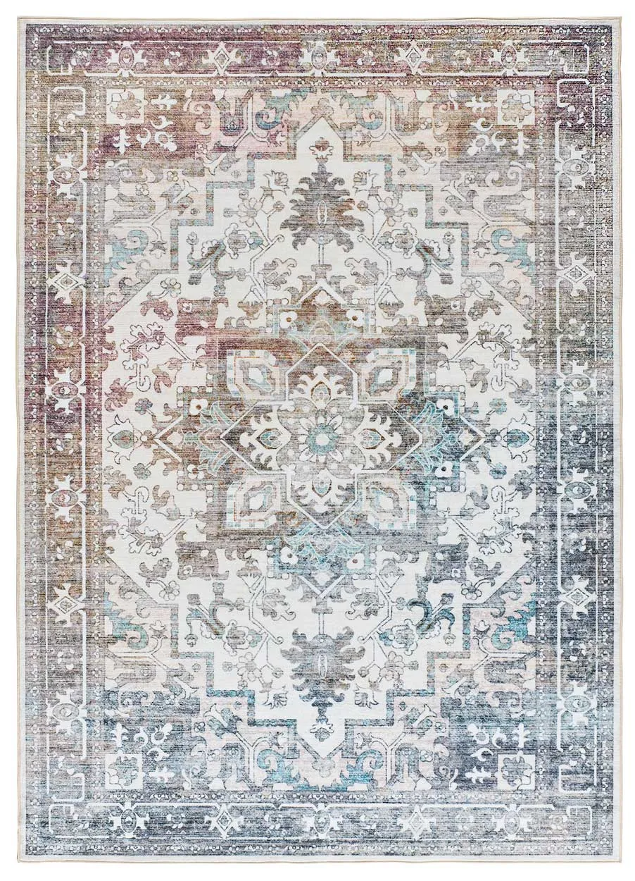 Tapis vintage oriental blanc/bleu/rouille 80x150 cm