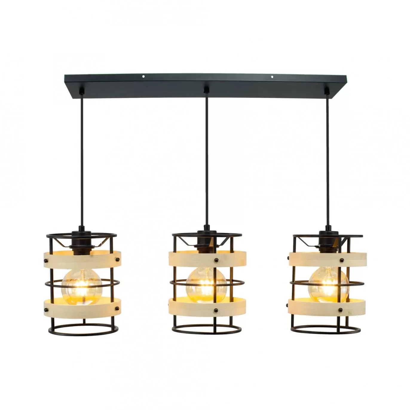 Suspension 3 lumières en métal noir et bambou naturel