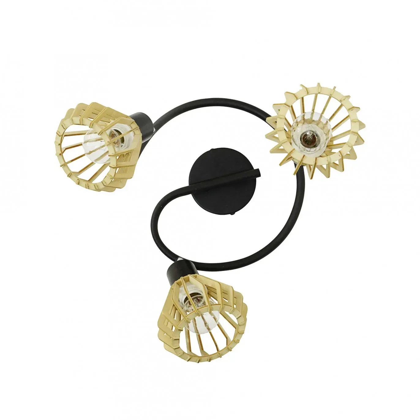 Plafonnier 3 lumières en bois naturel et métal noir