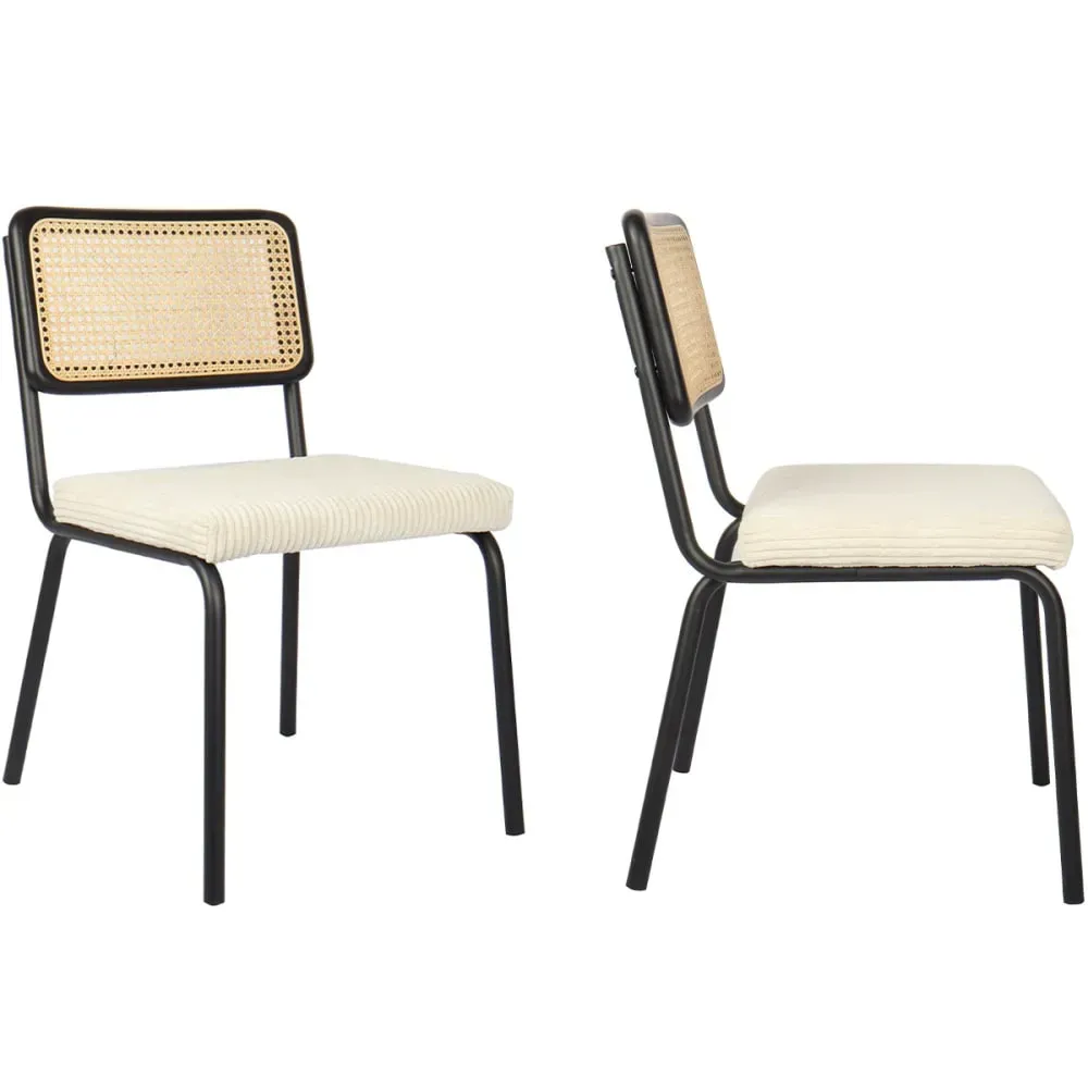 Lot de 2 chaises noires, cannage et velours côtelé beige