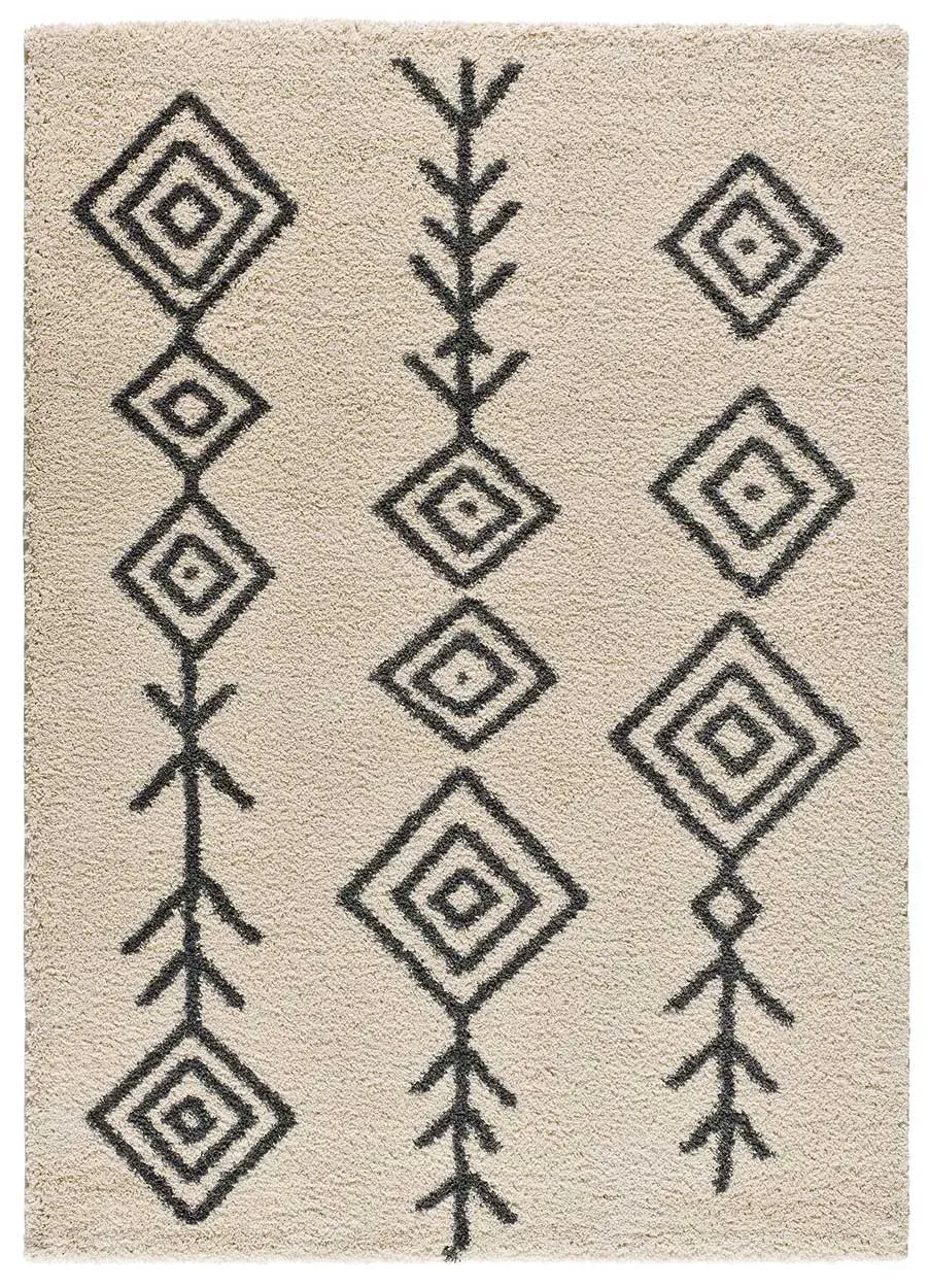 Tapis shaggy ethnique blanc/crème/noir 160x230 cm