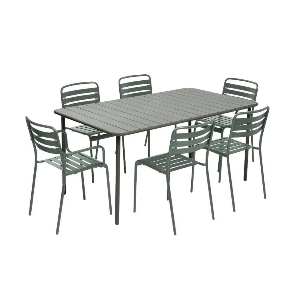 Table de jardin métal 2 fauteuils 4 chaises kaki