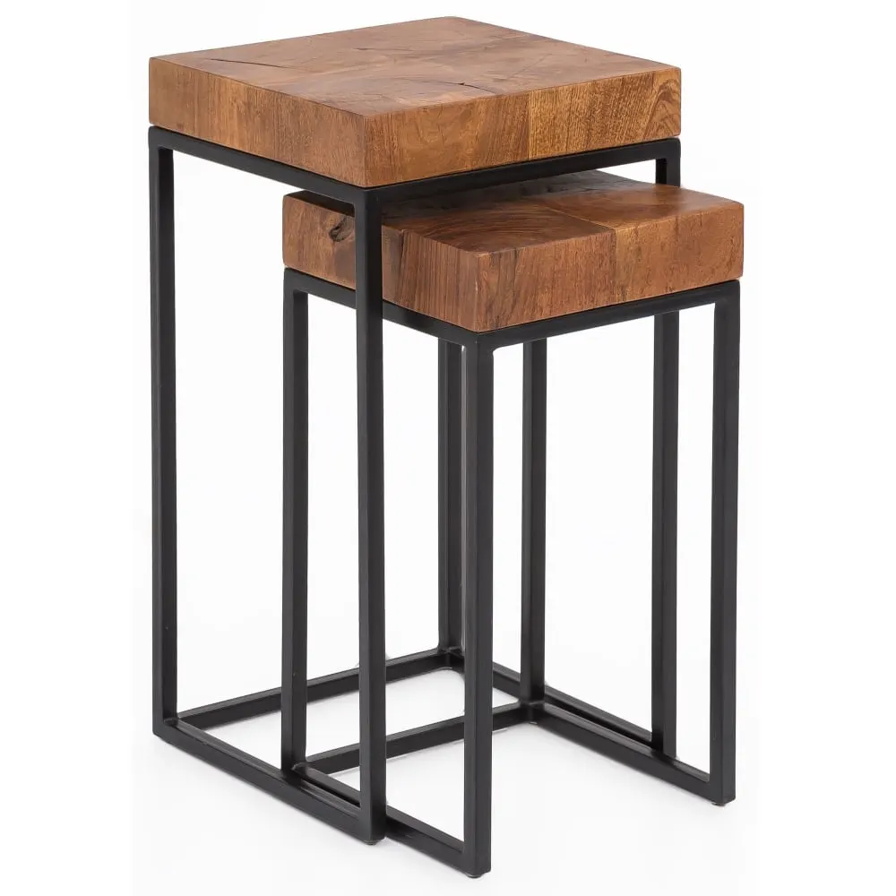 Lot de 2 tables gigognes en bois massif de sheesham, marron