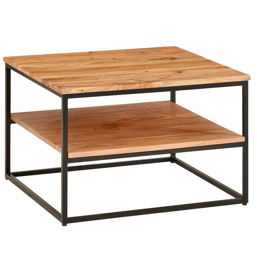 Table basse carrée avec tablette en bois massif d'acacia, marron