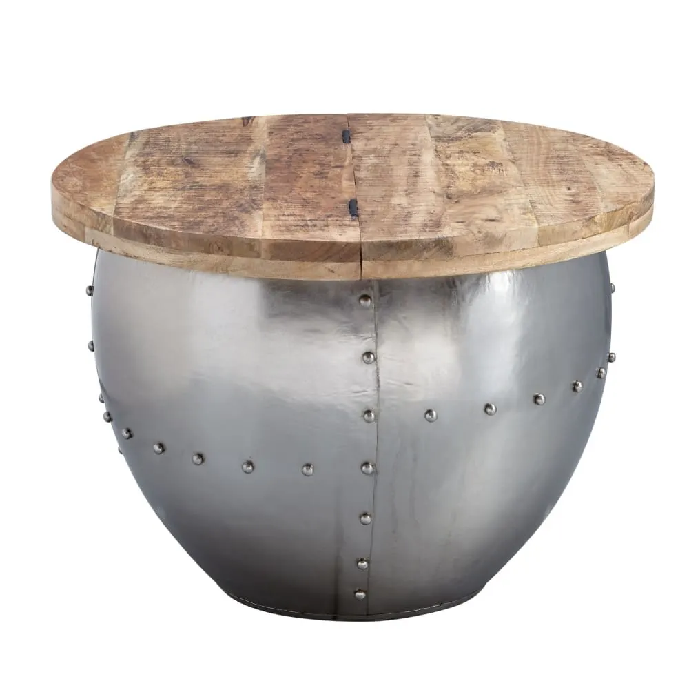 Table basse ronde avec rangement en métal, argenté