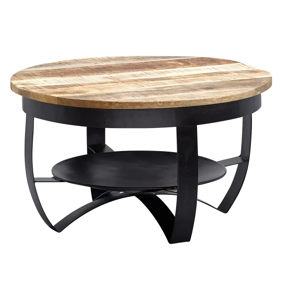 Table basse ronde avec rangement en bois massif de manguier, marron