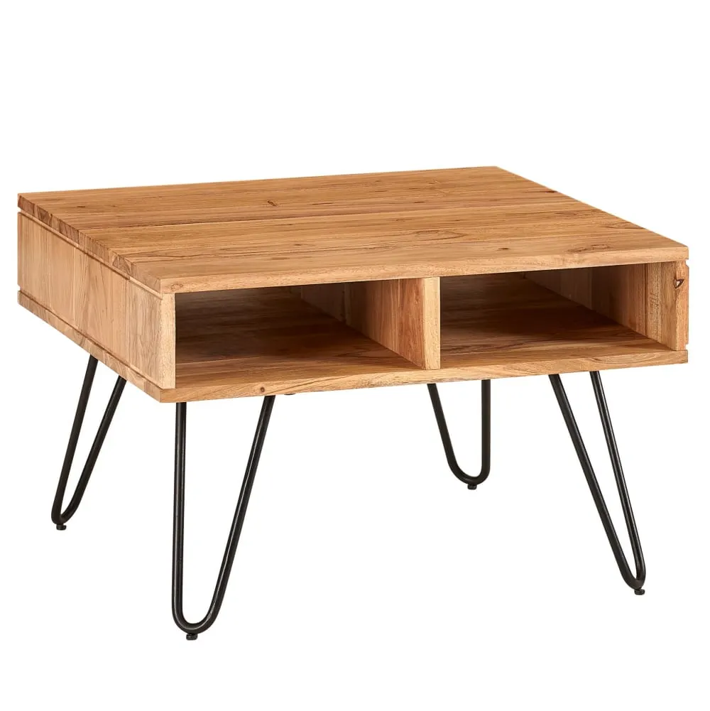 Table basse carrée avec 2 tablettes en bois massif d'acacia, marron