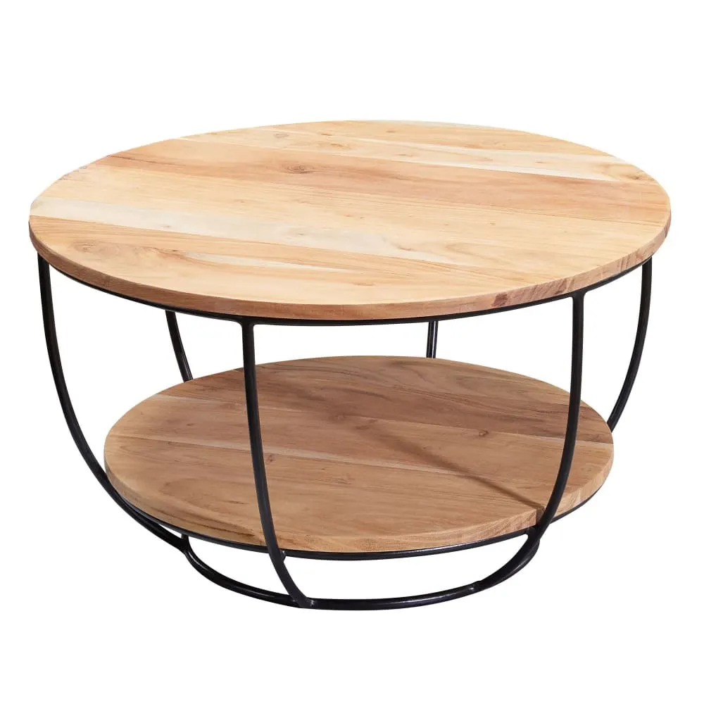 Table basse ronde avec tablette en bois massif d'acacia, marron