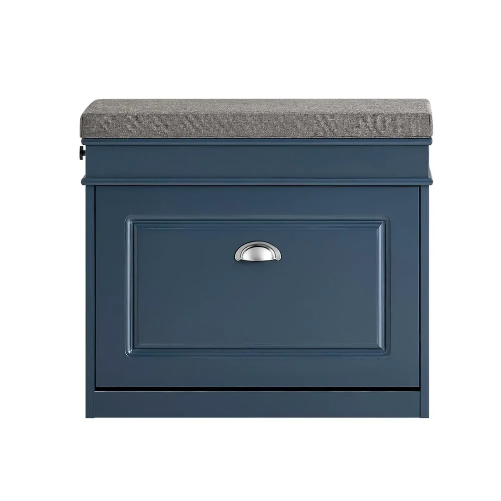 Banc à chaussures avec 1 abattant et 1 tiroir effet bois bleu