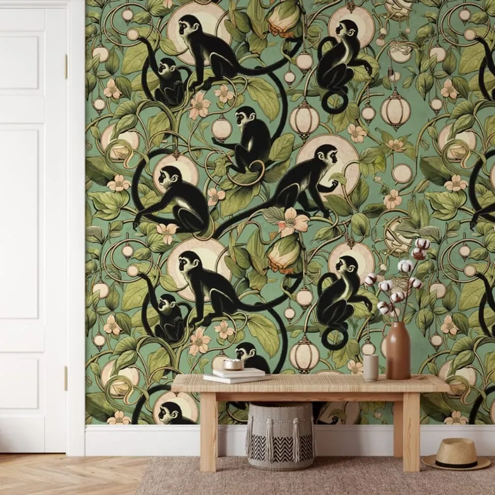 Papier Peint Vert Singes,papier écologique fin,200x280cm,8 feuilles