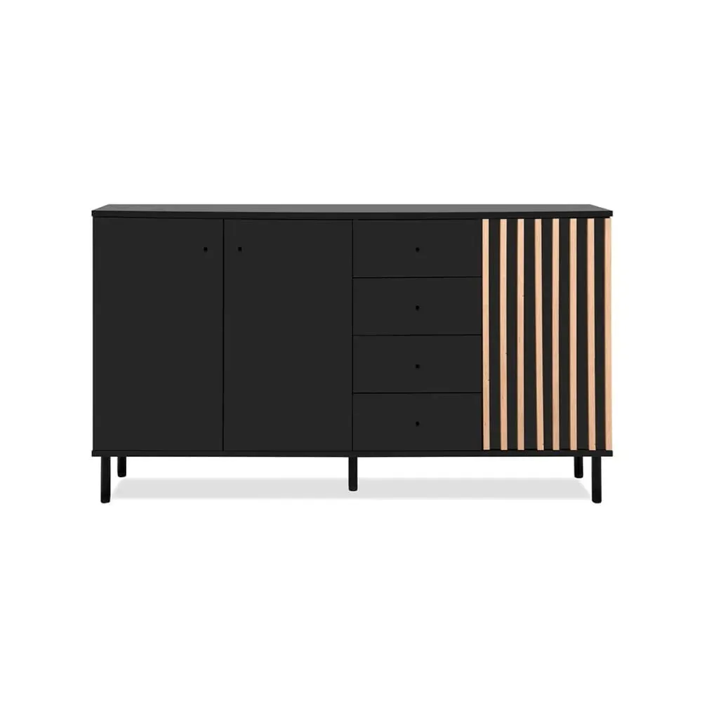 Buffet 3 portes et 4 Tiroirs Noir et Bois - L160 cm