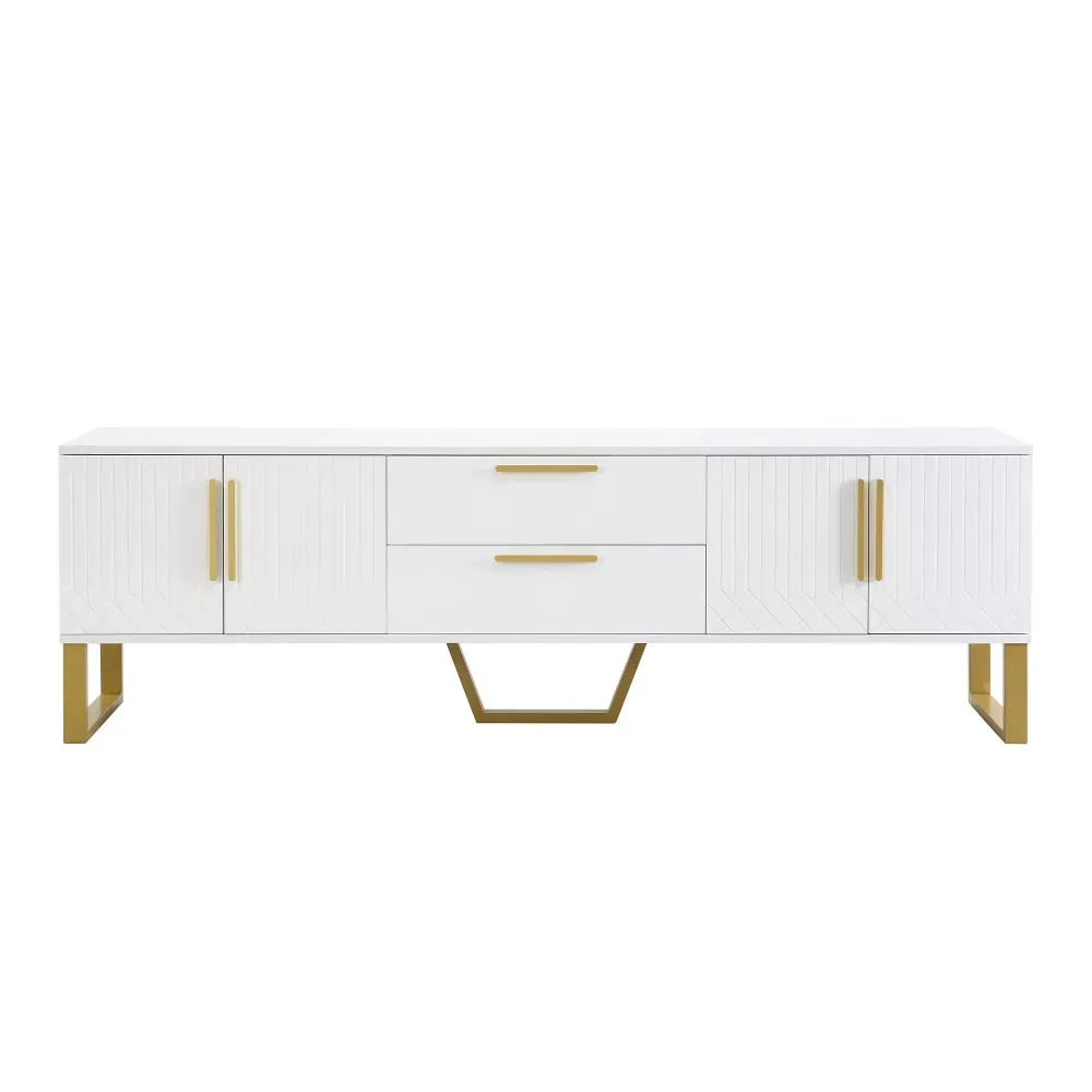 Meuble TV blanc brillant, porte avec texture gravée 170*40*53cm