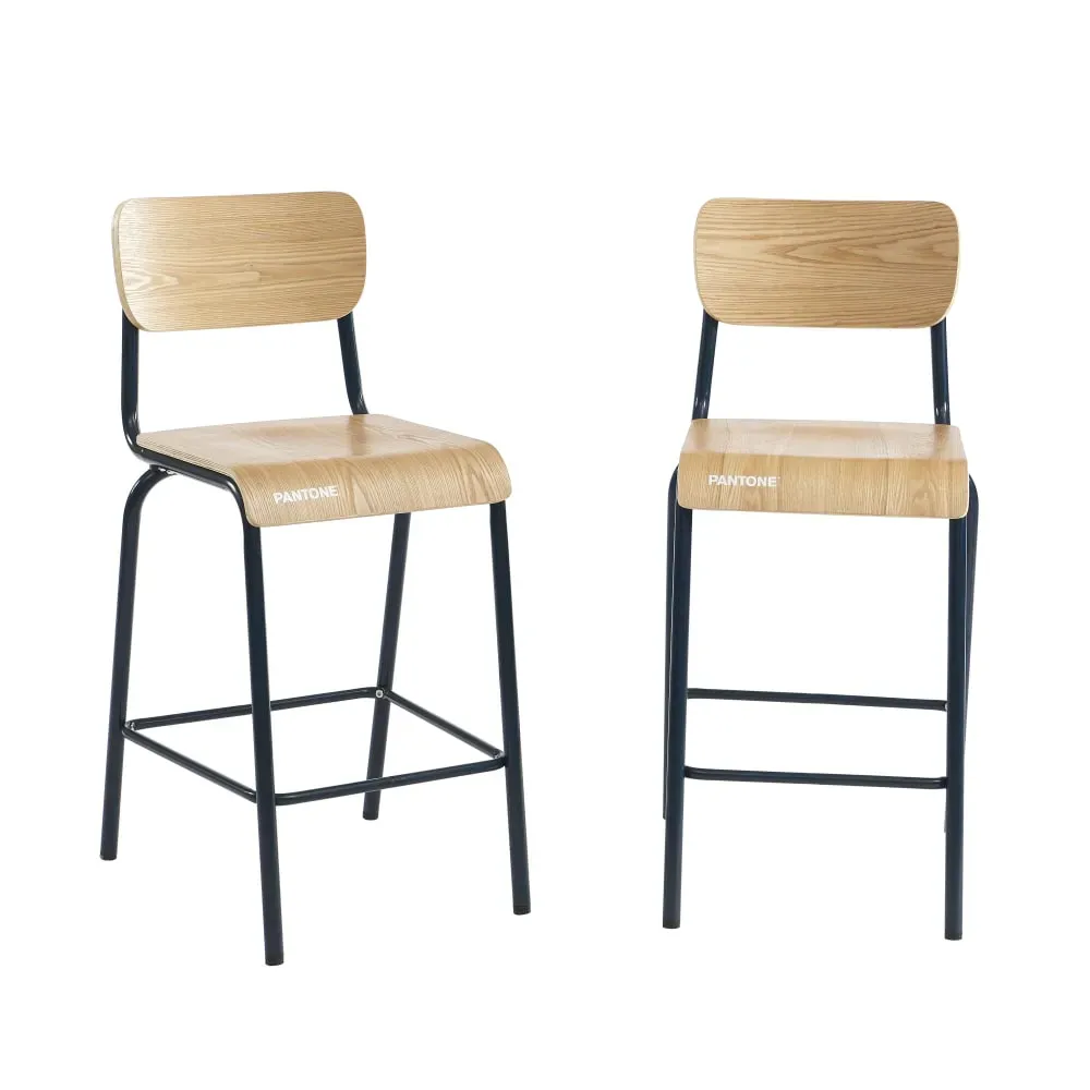 Lot 2 chaises de bar bleu nuit et placage frêne pieds métal