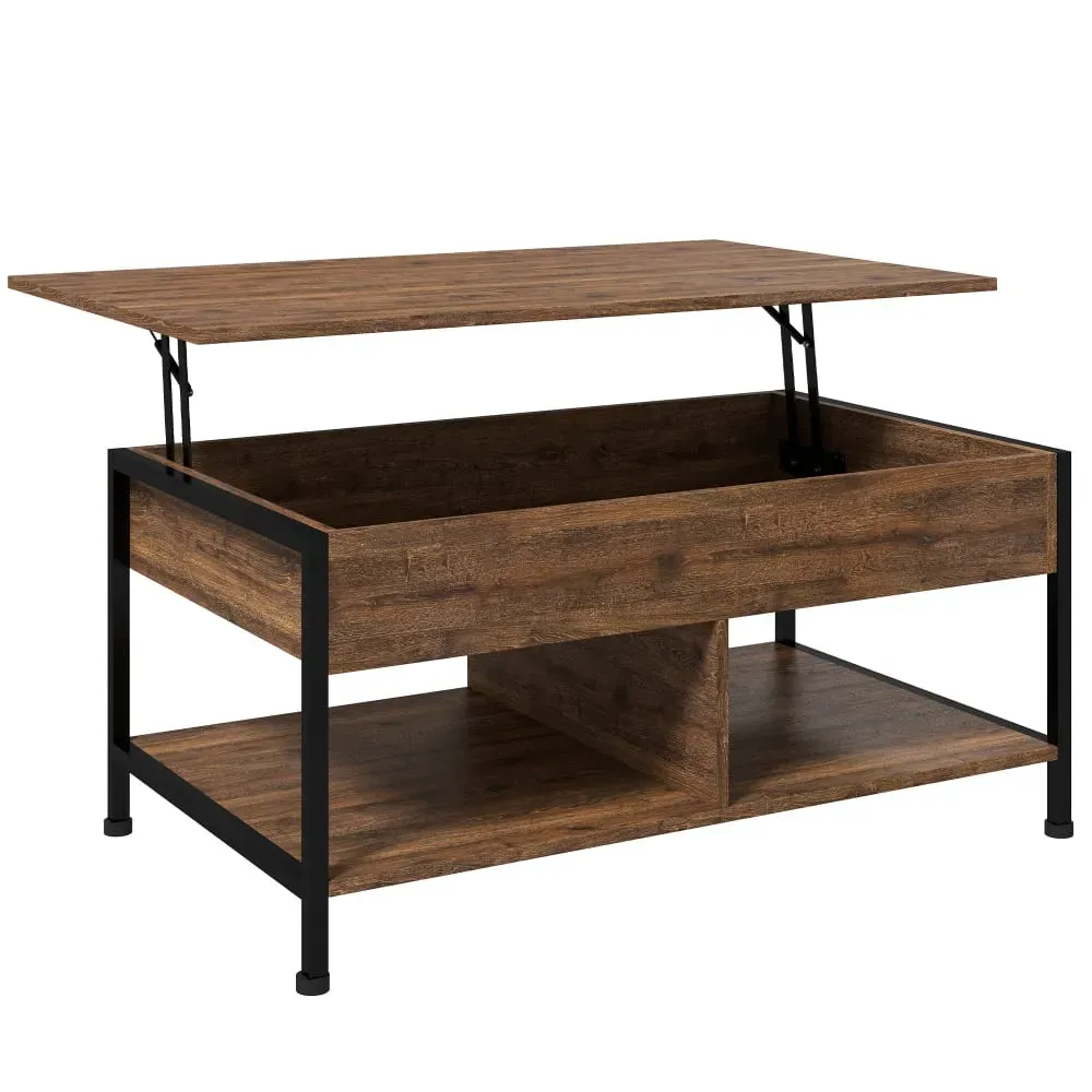 Table basse relevable - étagère, coffre - aspect bois rustique noir