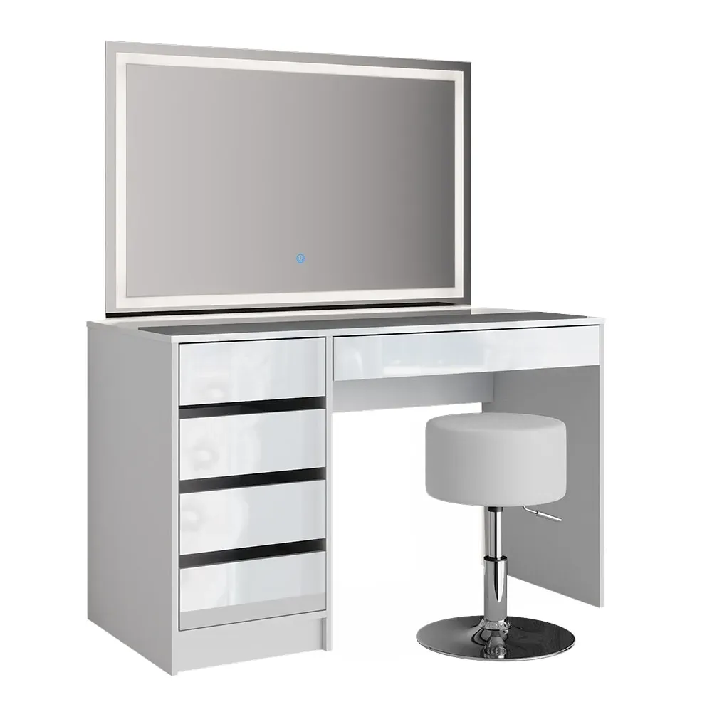 Coiffeuse, blanche 120 x 75cm avec miroir LED et tabouret
