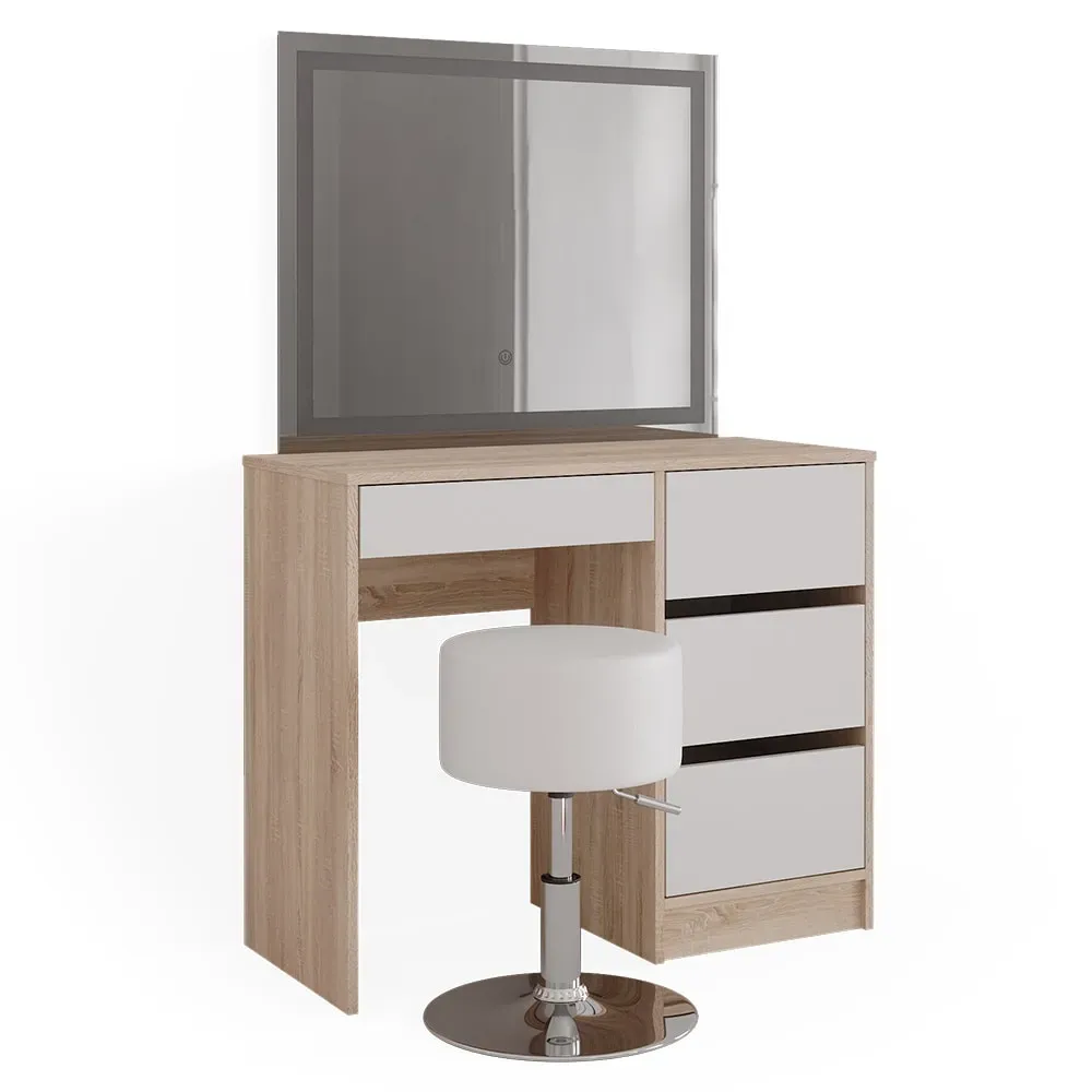 Coiffeuse avec miroir LED et tabouret, Sonoma 90 x 75cm