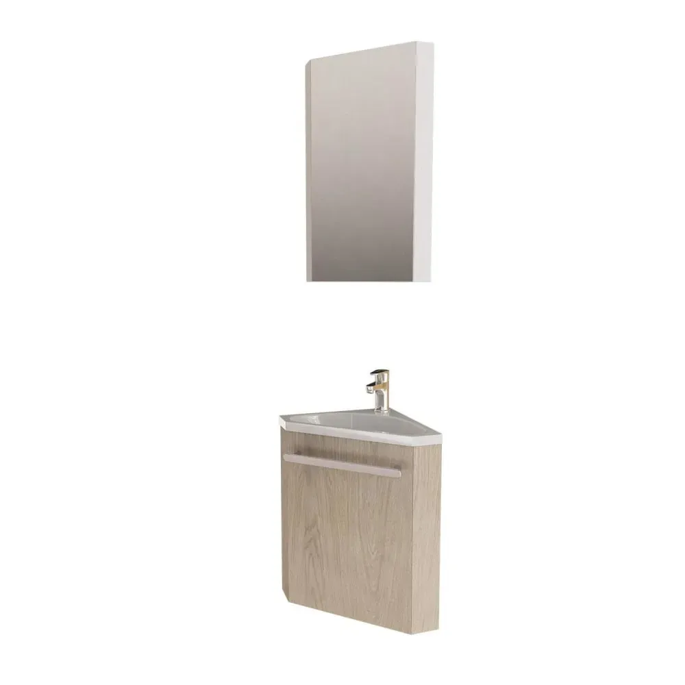 Ensemble lave-mains d'angle en chêne + vasque + robinet + miroir