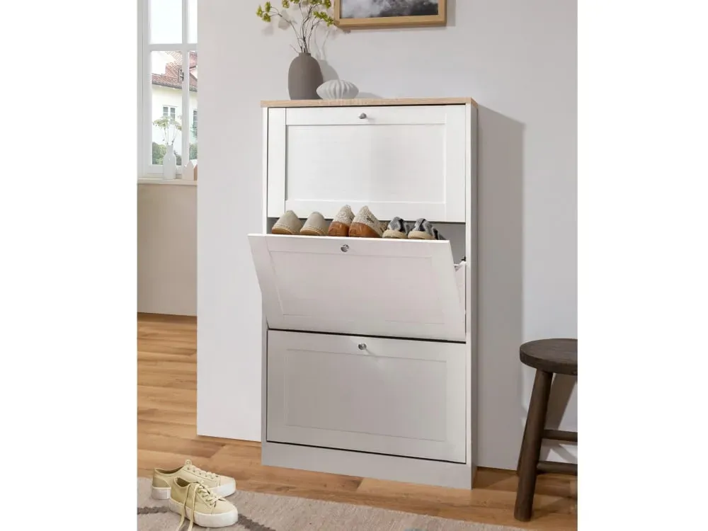 Coffre à chaussures avec 3 portes battantes en effet bois blanc