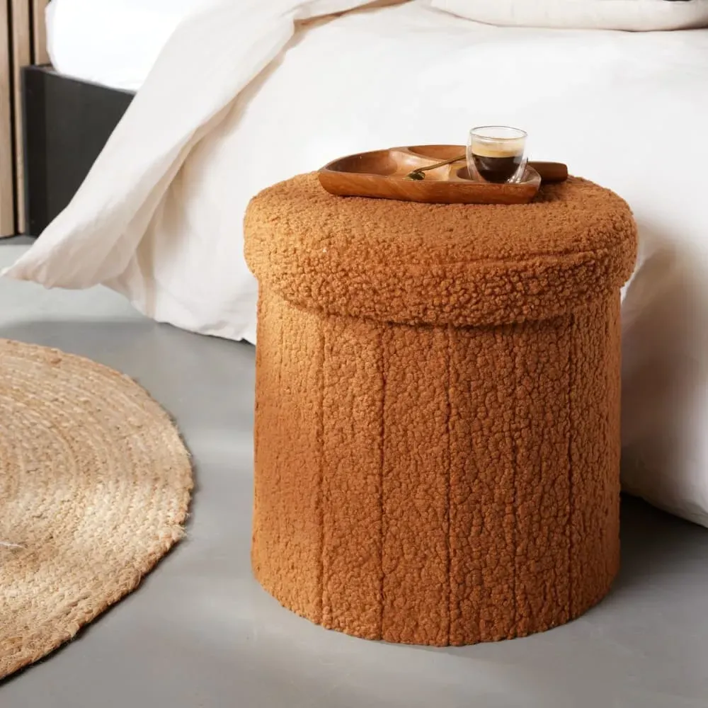 Pouf coffre rond en tissu bouclette  38x38 cm