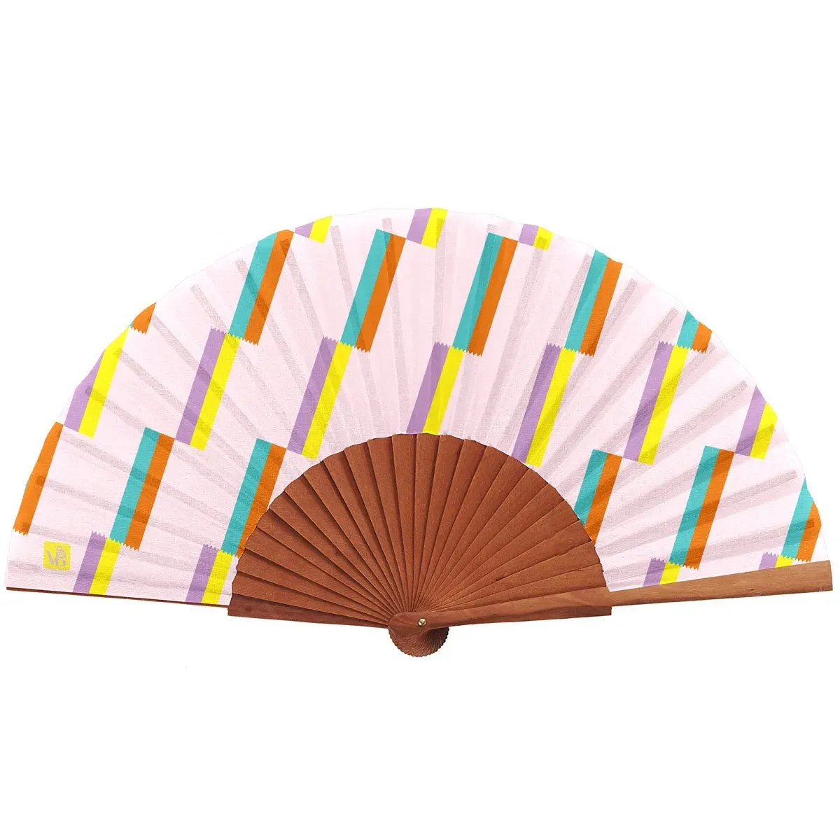 Eventail bois de merisier motif géométrique rose
