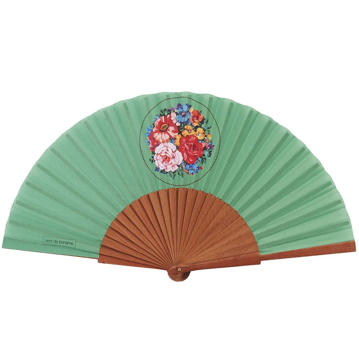 Eventail bois de merisier motif fleuri vert