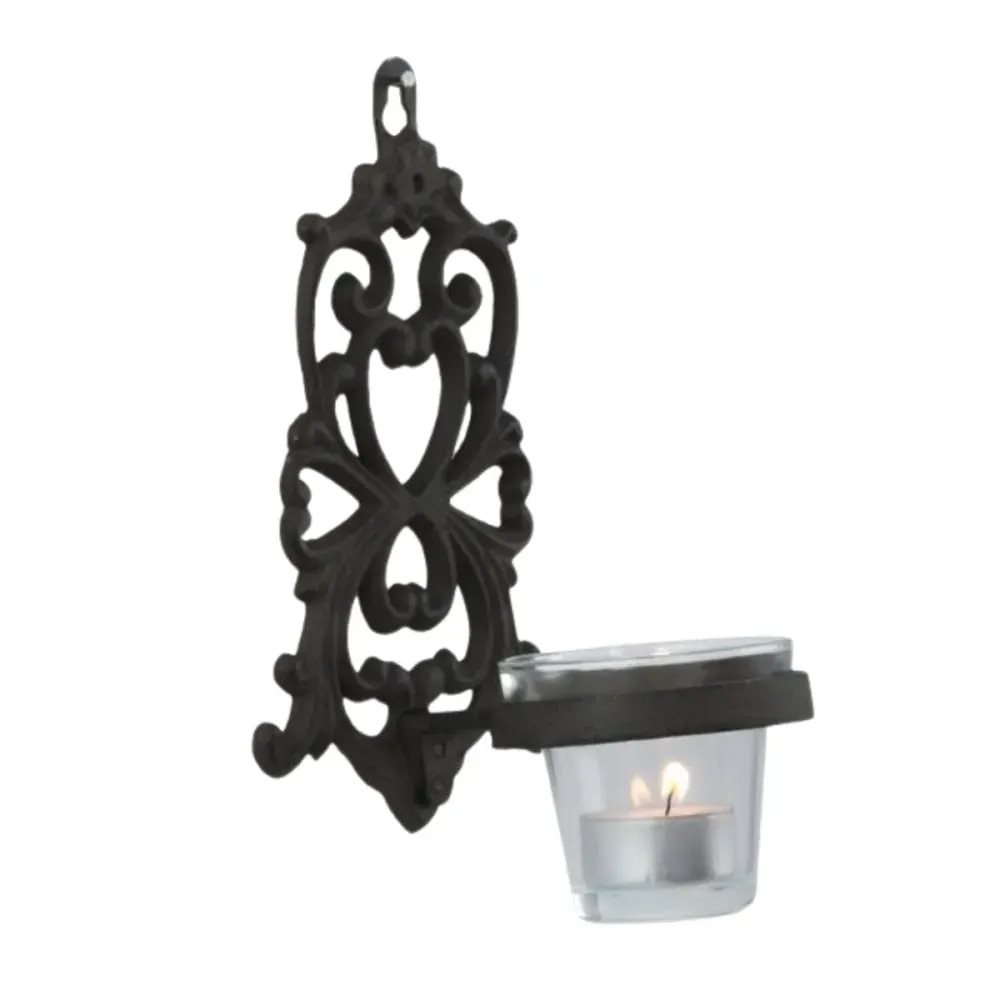 Photophore bougie bougeoir mural fonte verre marron 19x13.5cm