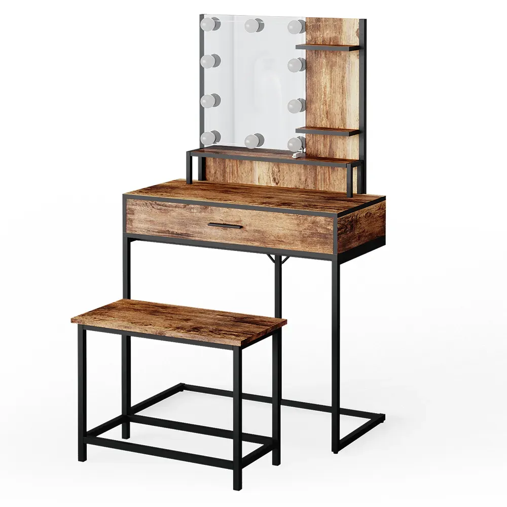 Coiffeuse avec éclairage LED et chaise, Bois antique 80 x 135.5cm