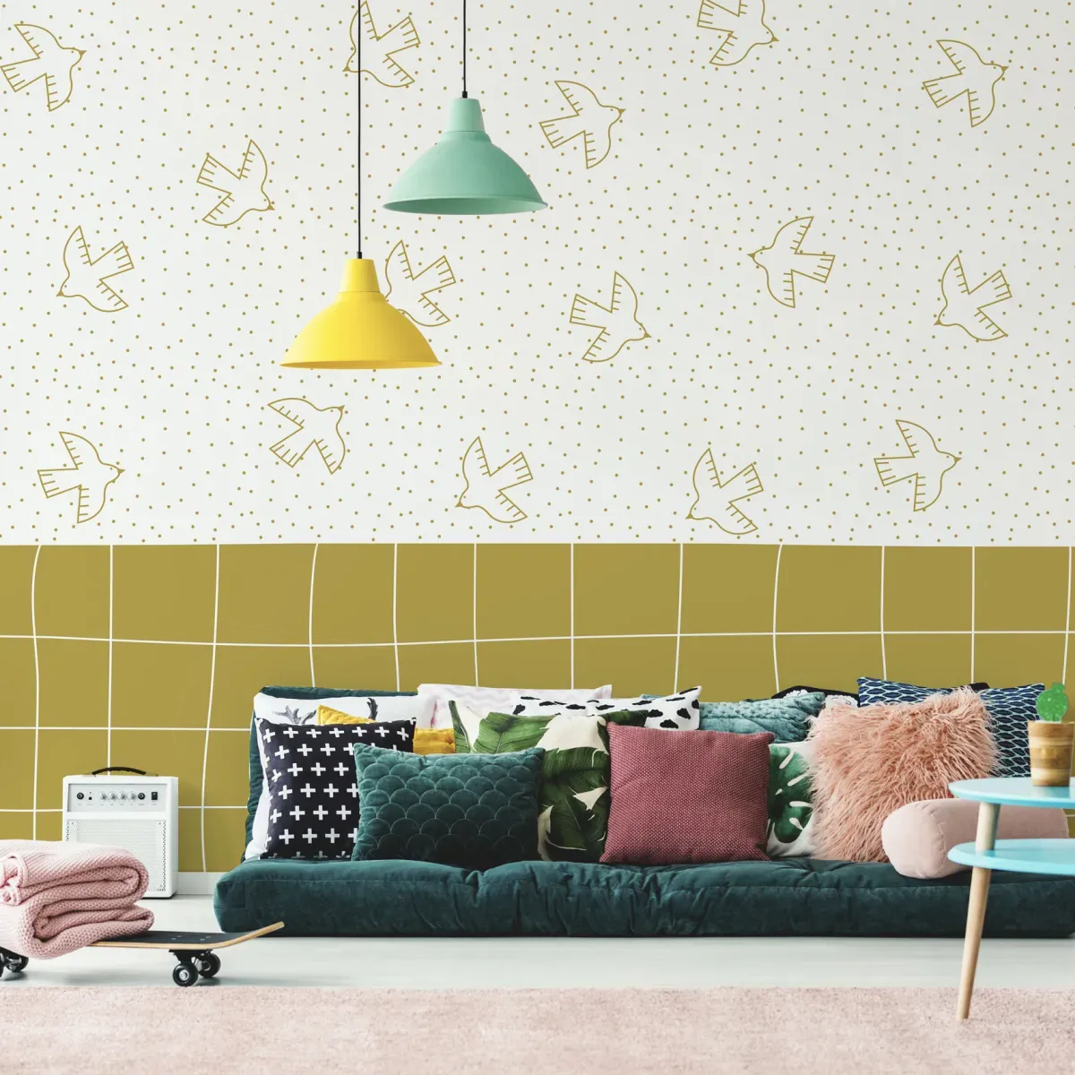 Papier peint panoramique enfant oiseaux jaune 150x250cm