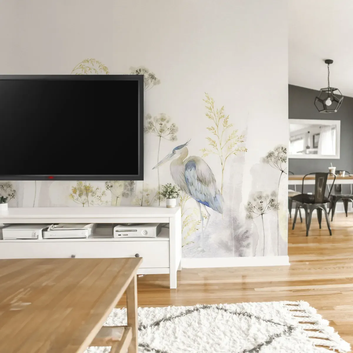 Papier peint panoramique héron bleu beige 225x250cm