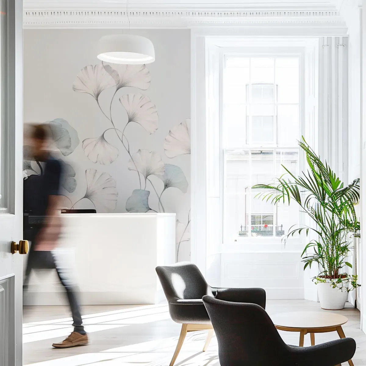 Papier peint panoramique esprit gingko gris 150x250cm