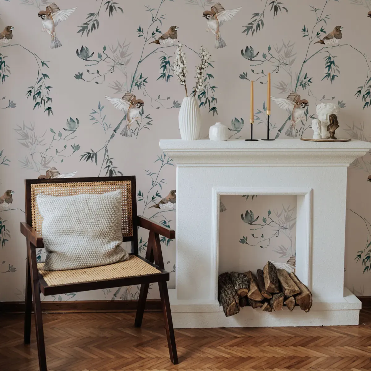 Papier peint panoramique moineaux du japon gris clair 225x250cm