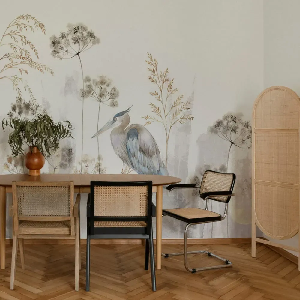 Papier peint panoramique héron bleu gris clair 300x250cm