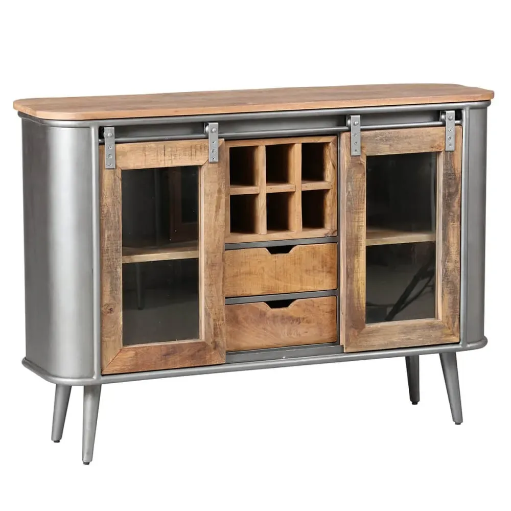 Buffet  2 portes 2 tiroirs bois et acier patiné