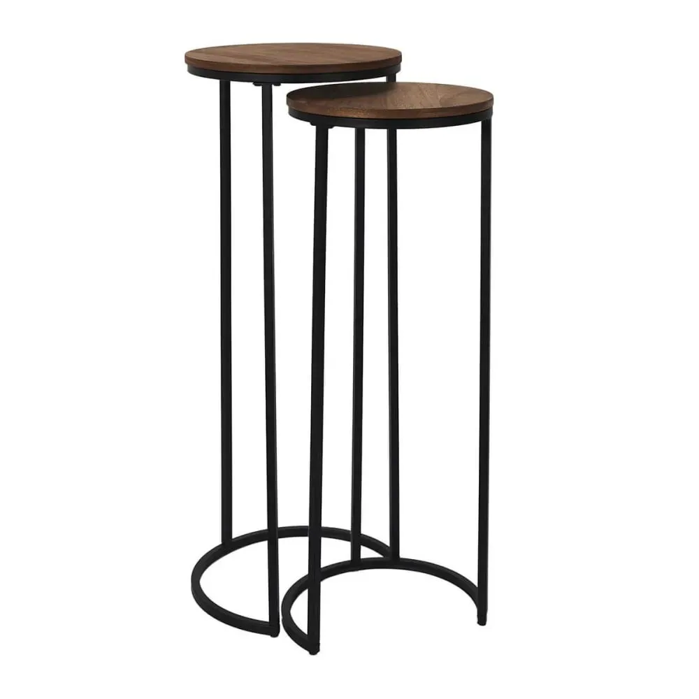 Lot  de 2 selettes gigogne en métal noir et mdf imitation noyer