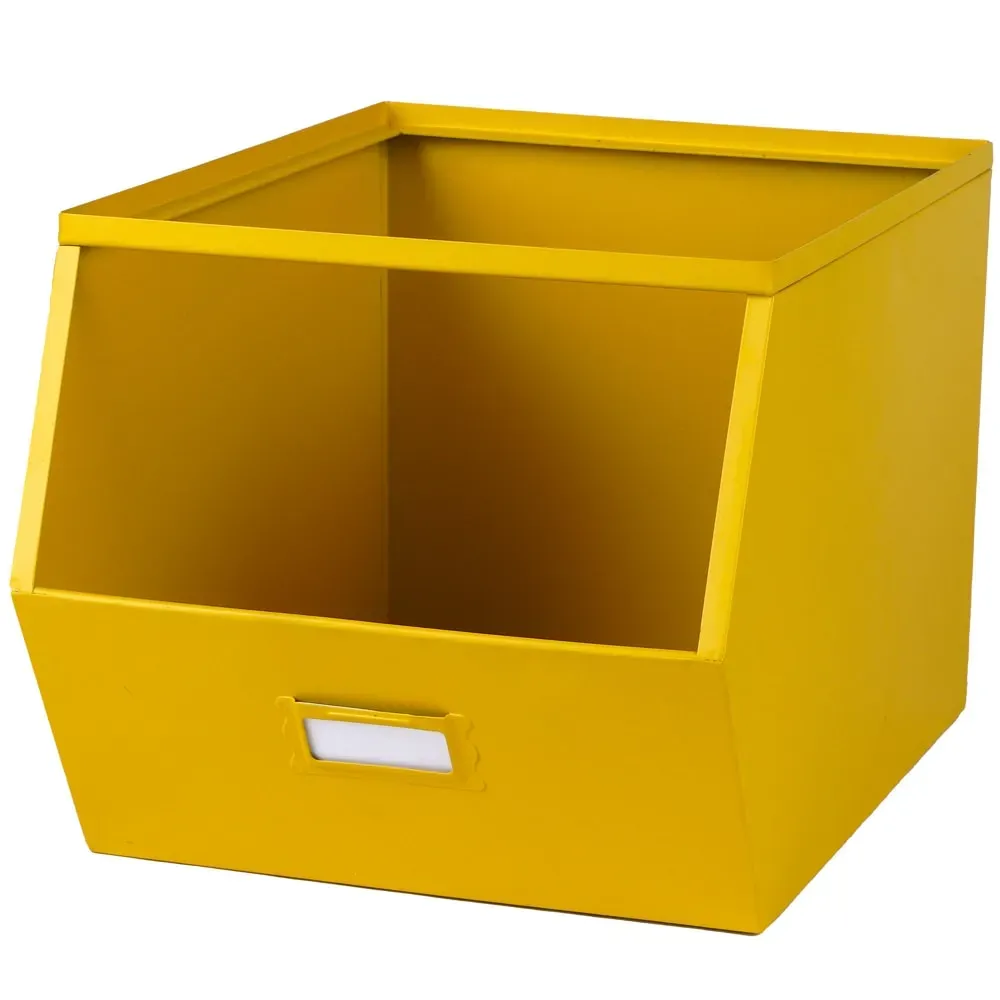 Casier de rangement en métal jaune empilable avec étiquette 32x23x21cm