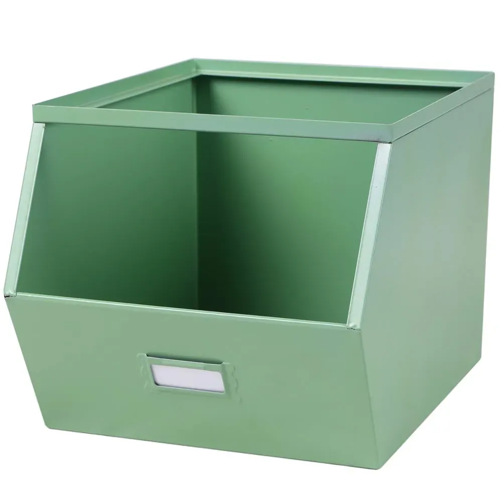 Casier de rangement en métal vert empilable avec étiquette 32x23x21cm